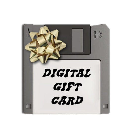 Grey floppy disk with a sticker saying "Digital Gift Card" decorated with a Christmas ribbon on a white background