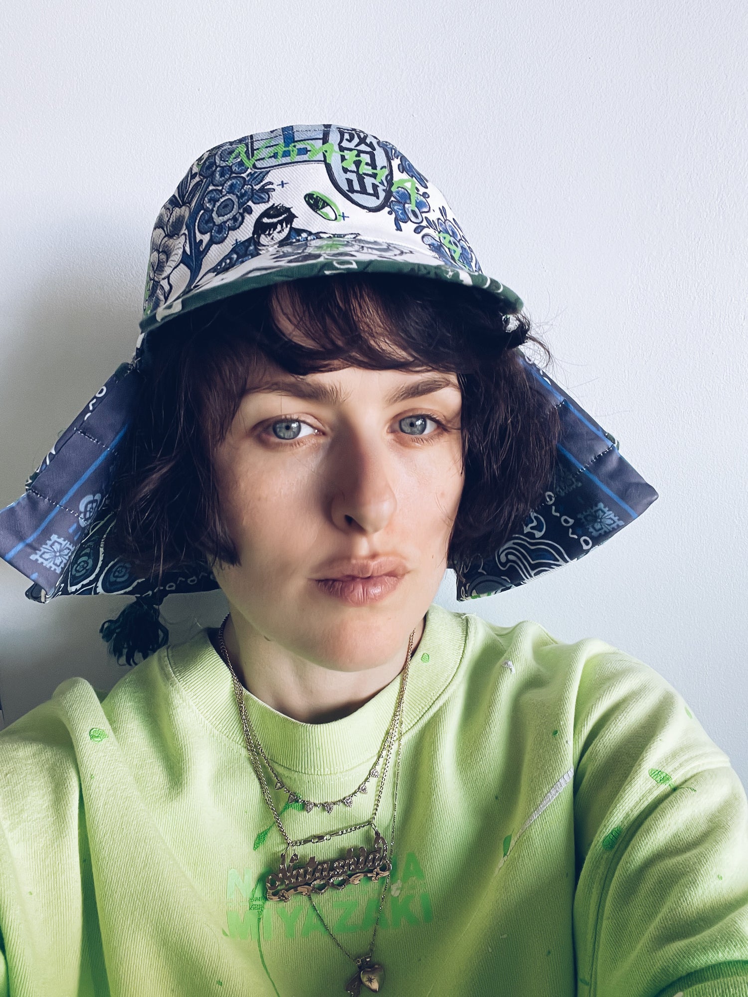 Small Samurai Bucket Hat Akira Printed Denim w Bandana Navy