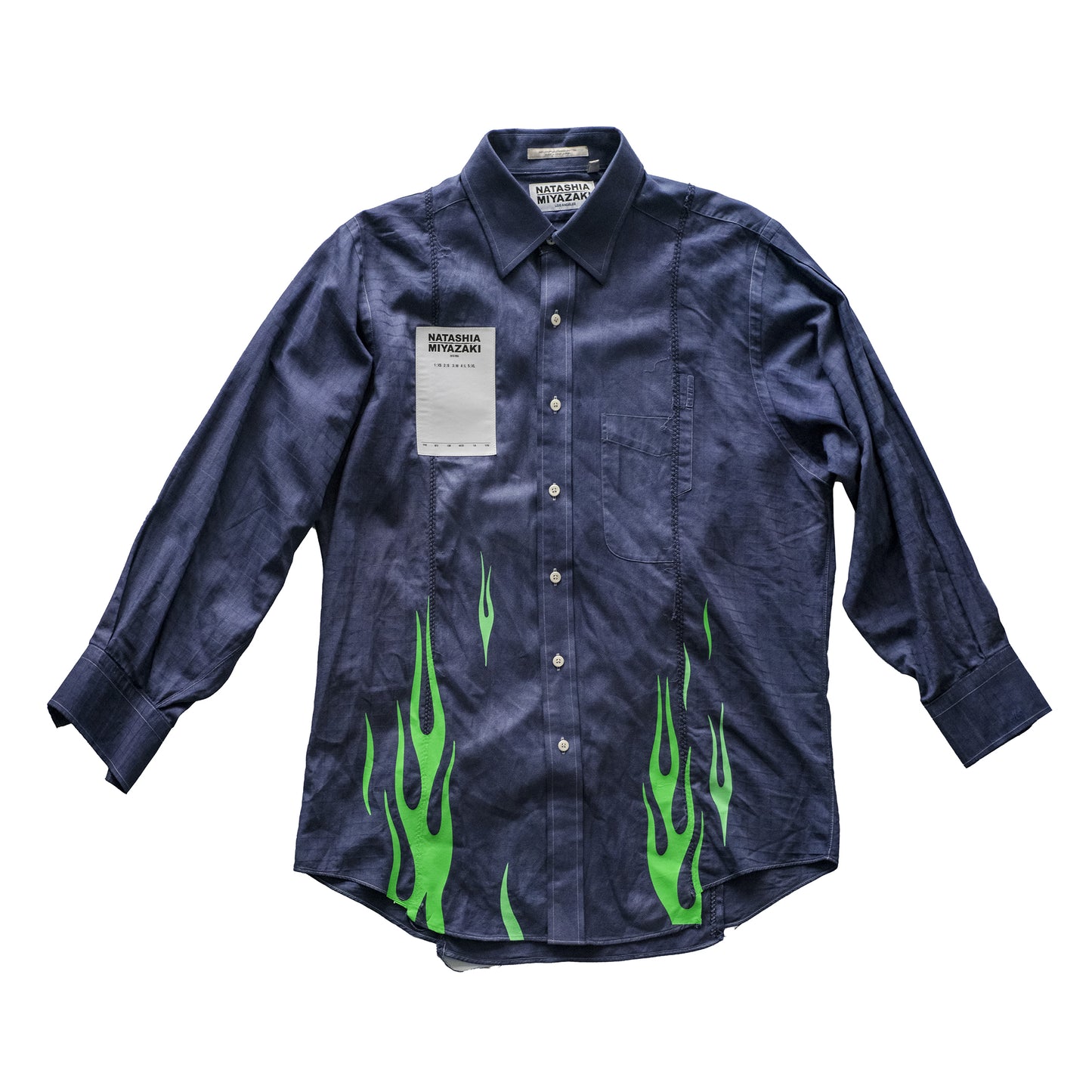 RE:BUILT Button Down - Navy Oil Wash Neon Green Flames